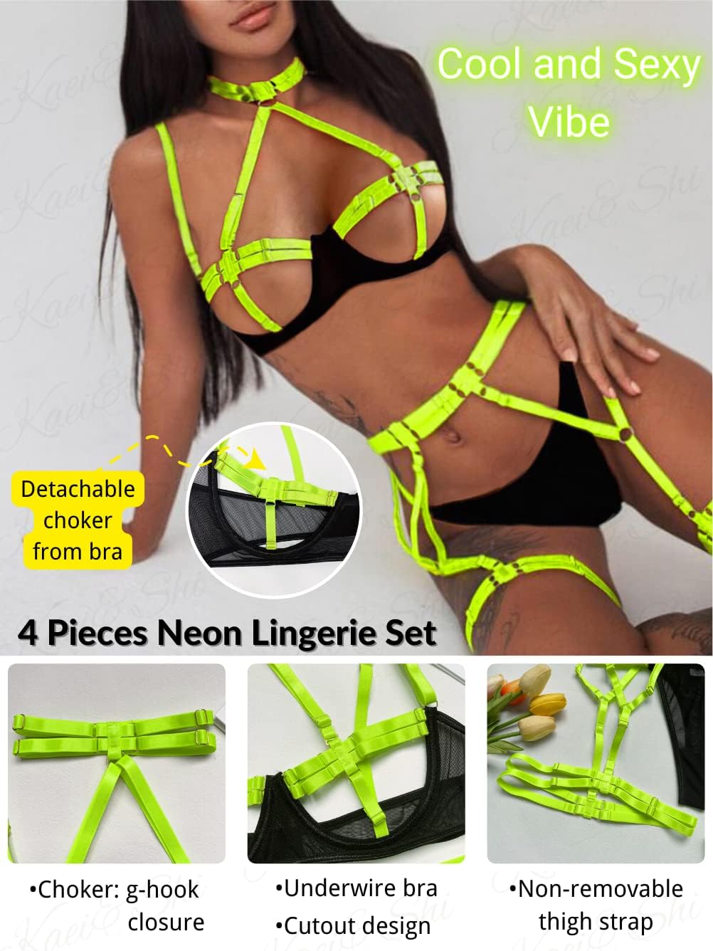 Kaei&Shi Glow In BlackLight, Neon Strappy Adjustable, 4PC Choker Garter Set - Image 2