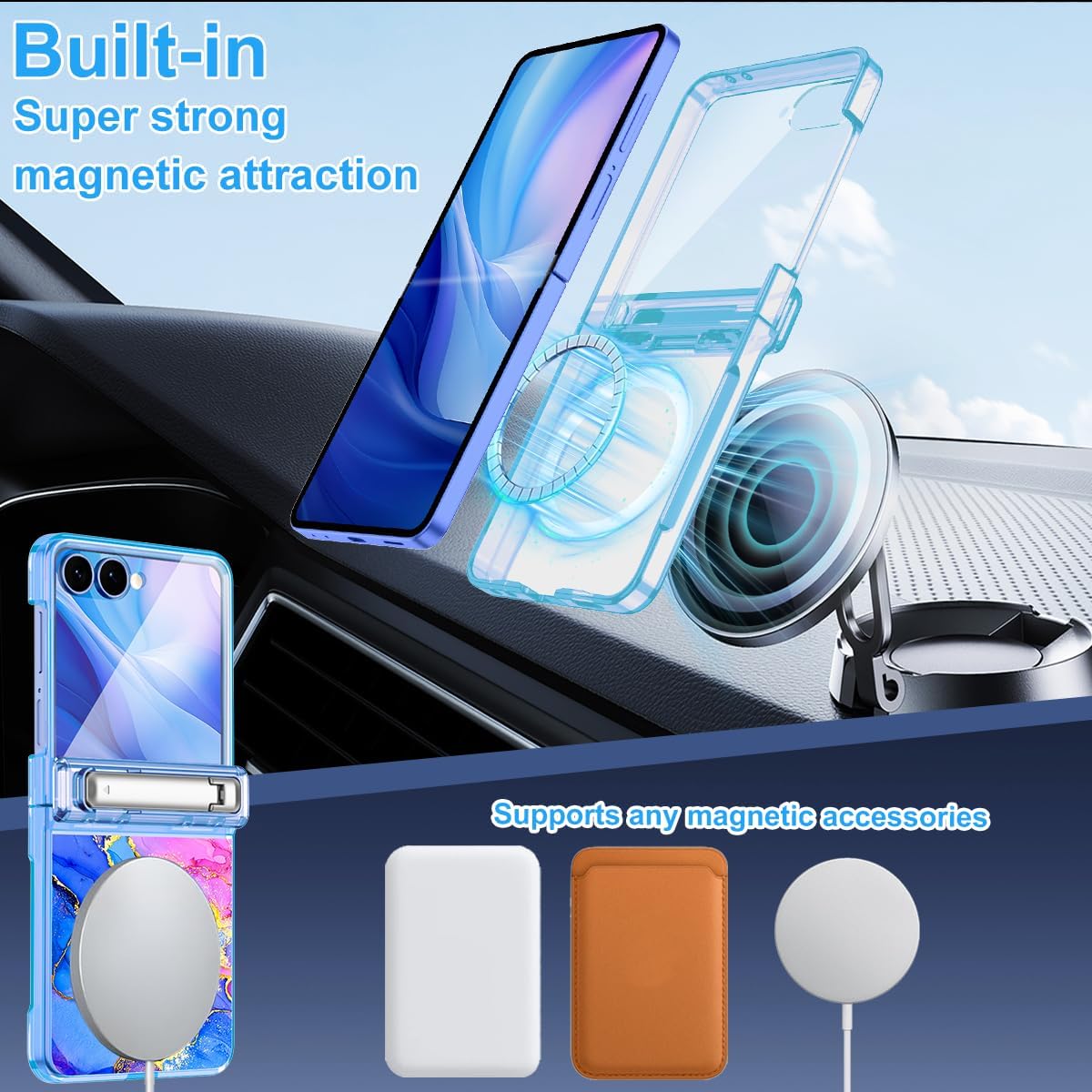 Casetego for Galaxy Z Flip 7 Case Magnetic,[Compatible with MagSafe][Built-in Screen Protector][Kickstand][Hinge Protection] Slim Shockproof Cute Women Girl Case for Samsung Galaxy Z Flip 7,Canal Blue
