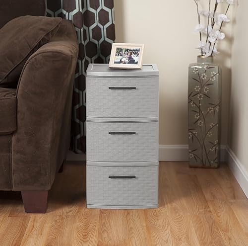Miniatura 2 de Torre de tejido de 3 cajones, cajones decorativos de plástico con asas de tirador, almacenamiento de plástico de tres cajones, estante compacto para
