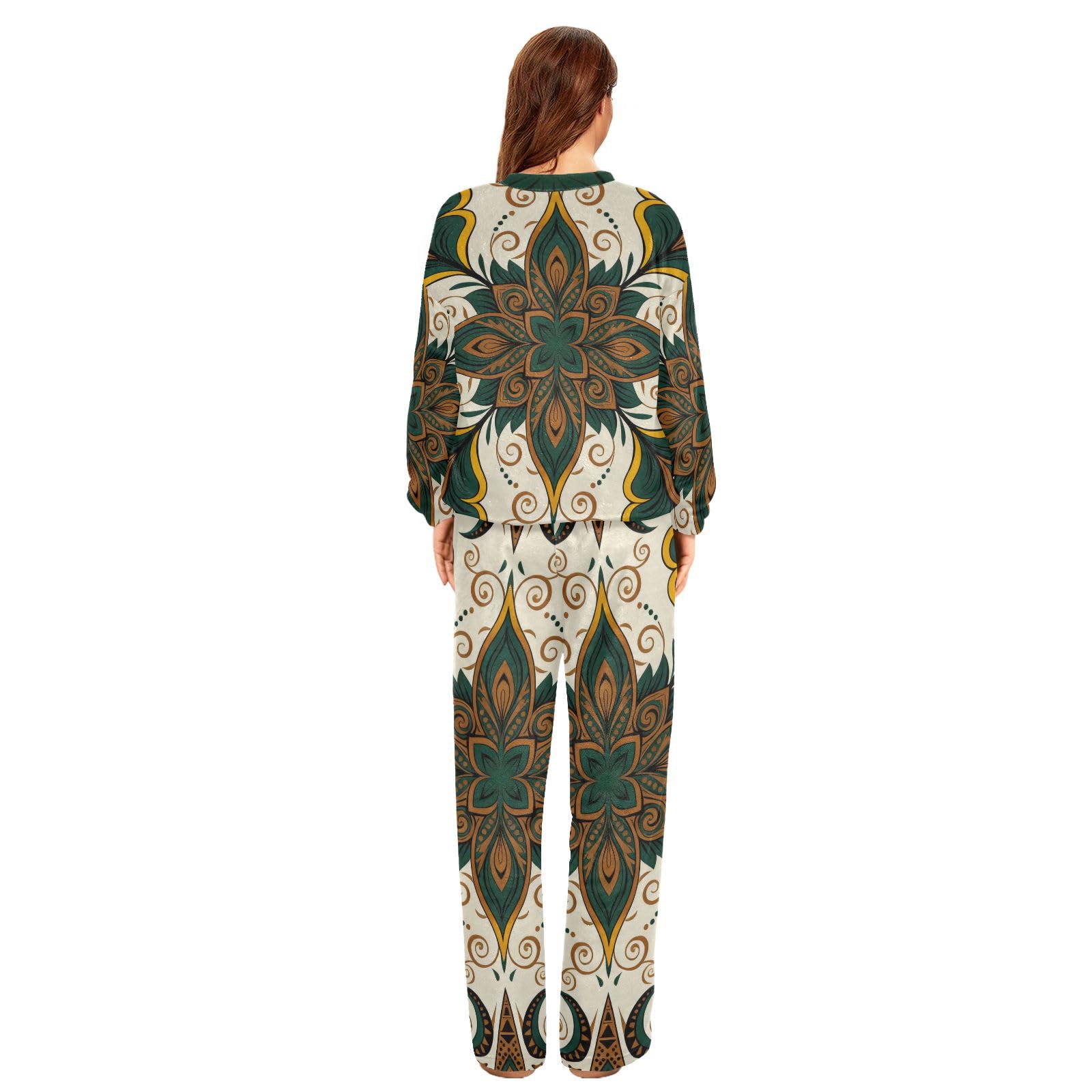 Moda retrò verde marrone Paisley confortevole donna in pile pigiama set pantaloncini set girocollo indumenti da notte