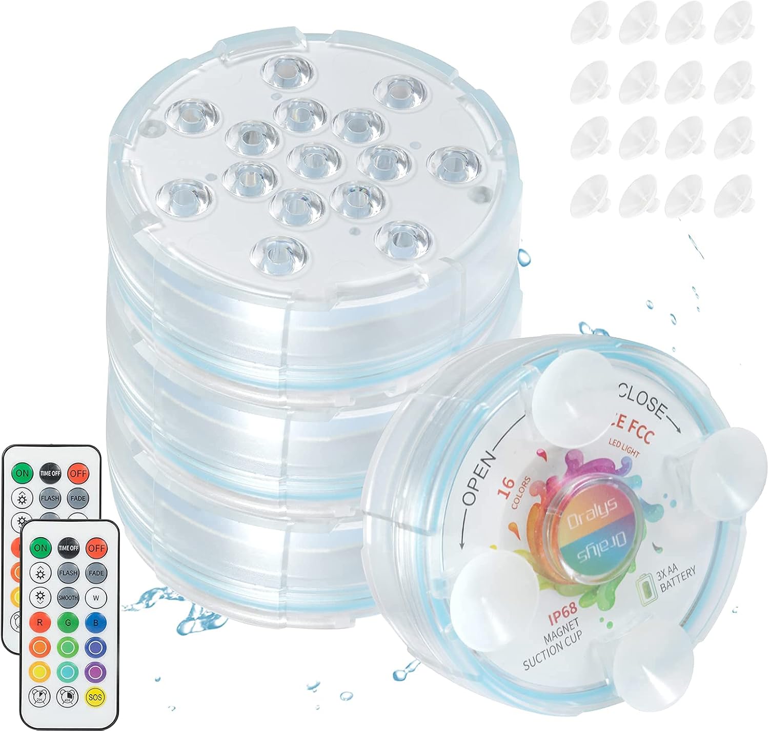 Oralys Pool Lights for Above Ground Pools,16 Colors 15LEDs Magnetic Submersible Swimming LED Lights,Waterproof Underwater Pond Lights with Remote Suction Cups for Inground Pools Bathtub Hot Tub-4 Pack
