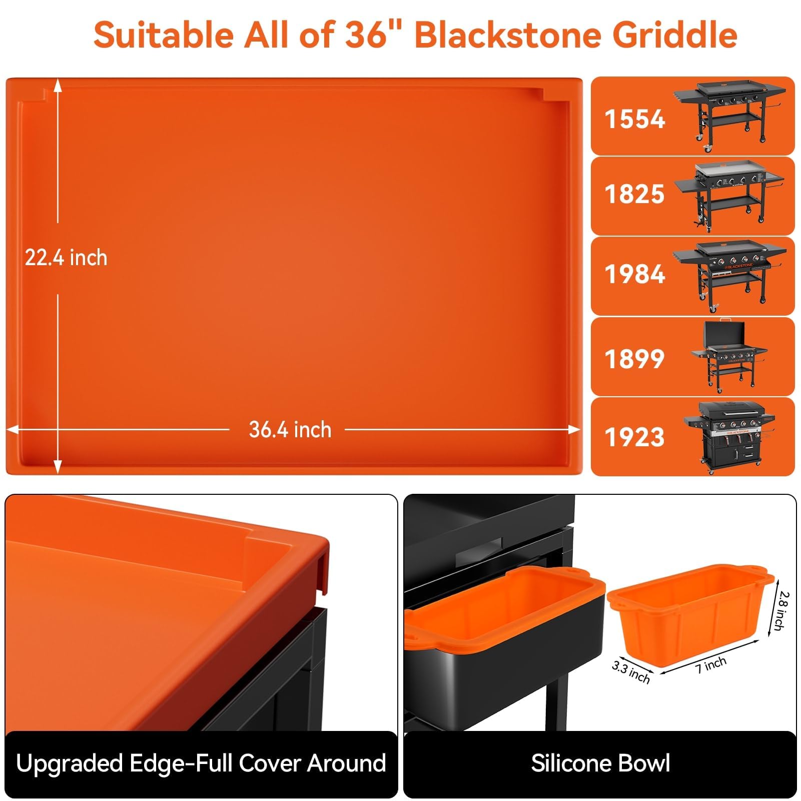 Mata grillowa do Blackstone, 91 cali osłona grilla do Blackstone ulepszona krawędź - pełna pokrywa silikonowa wokół maty grillowej i kubka na tłuszcz, nadaje się do grilla 91 cm Blackstone 1554 1825