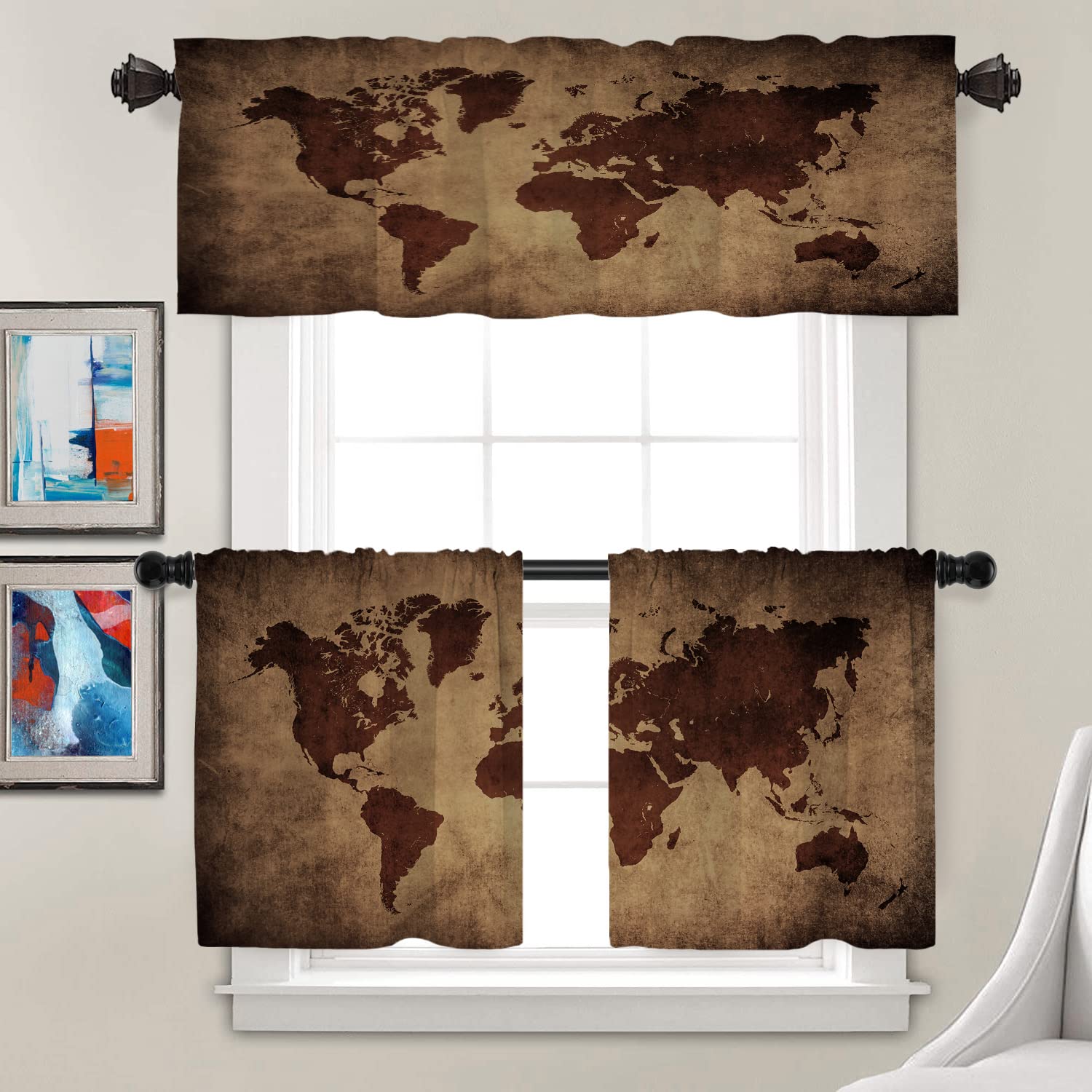 Batmerry Map Outline Brown Tier Curtains,World Kids Paintings Halloween Black Window Treatment Short Kitchen Curtain Multilayer Polyester Blackout for Living Room/Bathroom, 2 Pack 26x24 inches