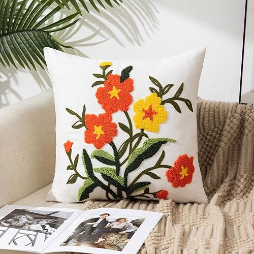 vctops Funda de almohada con bordado floral con bordado de primavera, funda de almohada decorativa cuadrada rústica para sofá, dormitorio, sin