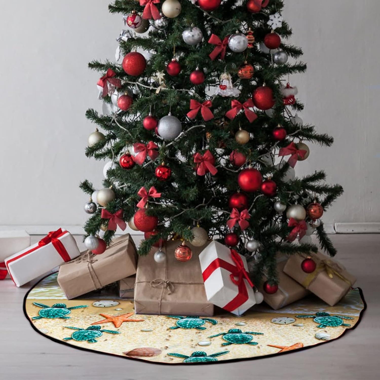 M YESCUSTOM Sea Turtle Christmas Tree Skirt Beach Xmas Tree Mat Starfish Conch Shell Farmhouse Rustic Party Home Decoration Halloween Happy New Year Holiday Indoor Outdoor Ornaments 48 Inches