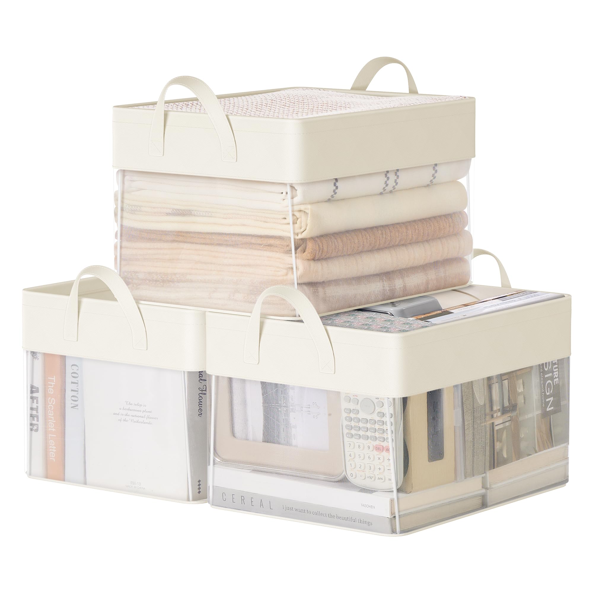 Songmics Cream White Storage Bins Set Of 3, Medium Fabric Storage Baskets, Foldable Organiser With Transparent Nylon Mesh, 40 X 30 X 25 Cm, Handles, For Bedroom, Living Room, Rfb940w01