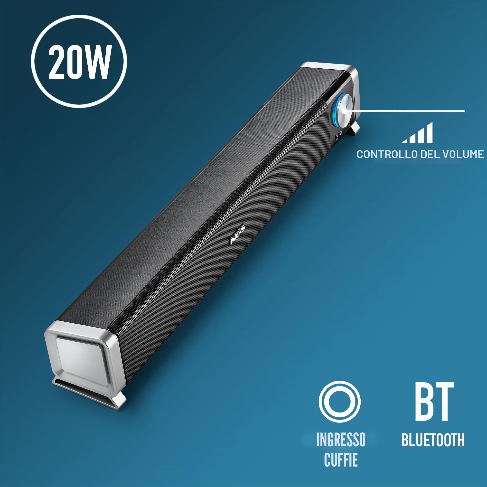 NGS SB500 BT - Soundbar Bluetooth da 20 W per PC, TV, tablet e dispositivi mobili, stereo, USB, jack 3,5 mm, ingresso microfono, uscita cuffie, plug & play