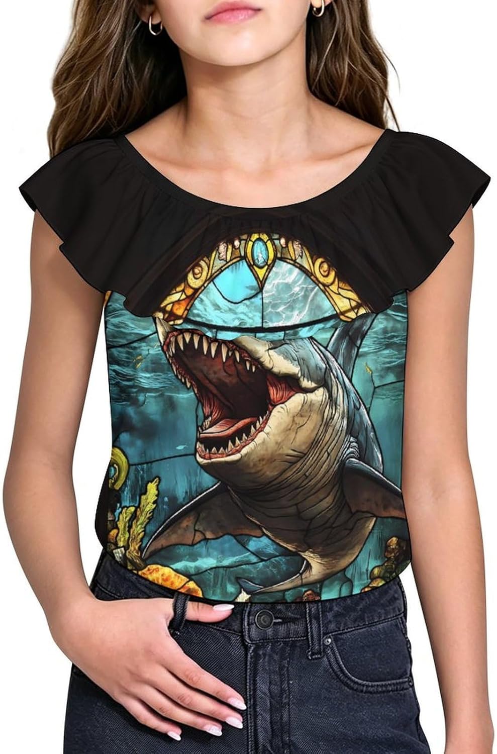 Glass Window Shark Megalodon Ocean Girls T-Shirts Top Ruffle Short Sleeve Blouse Casual Graphic Tees