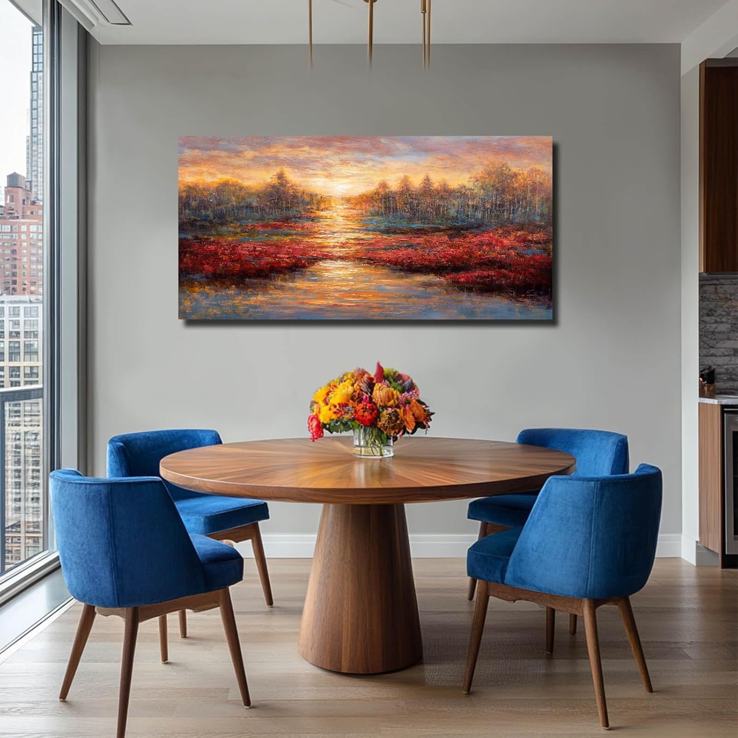 Sunset Glow Pictures Gold and Red Canvas Wall Art Nature Wall Prints for Office Hotel Master Bedroom Wall Decor(65x130cm/Inner frame)