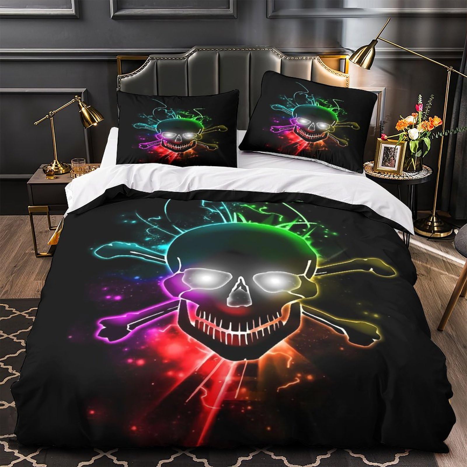Drap de couette crâne néon 3D Super King 260x220cm avec 2 taies d'oreiller