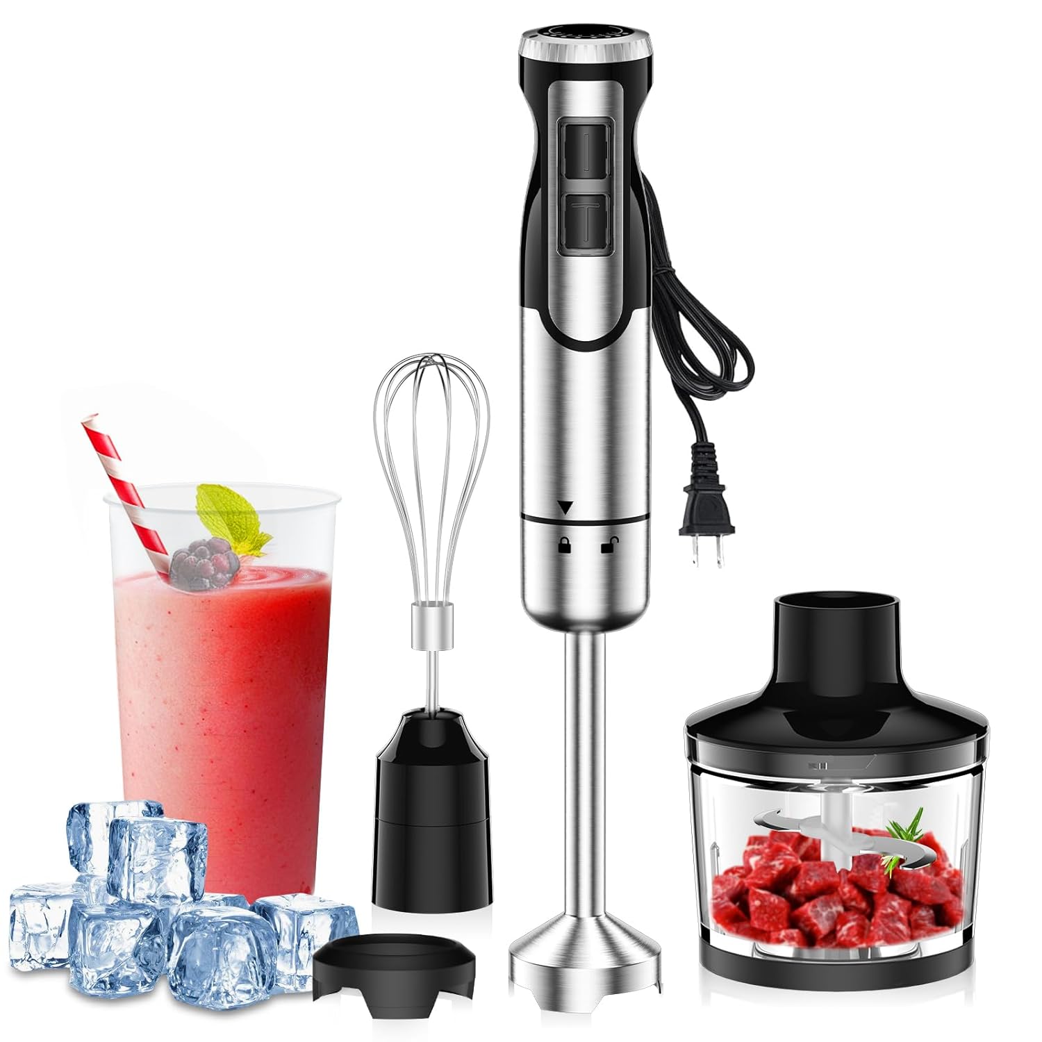 1800W Immersion Blender Handheld 4-in-1 Hand Blender Stick for Ice Crushing Smoothie, Baby Food, Soup, 8 Speed Hand Mixer Turbo Boost Stainless Steel Blade with Whisk, Chopper, Beaker image 1