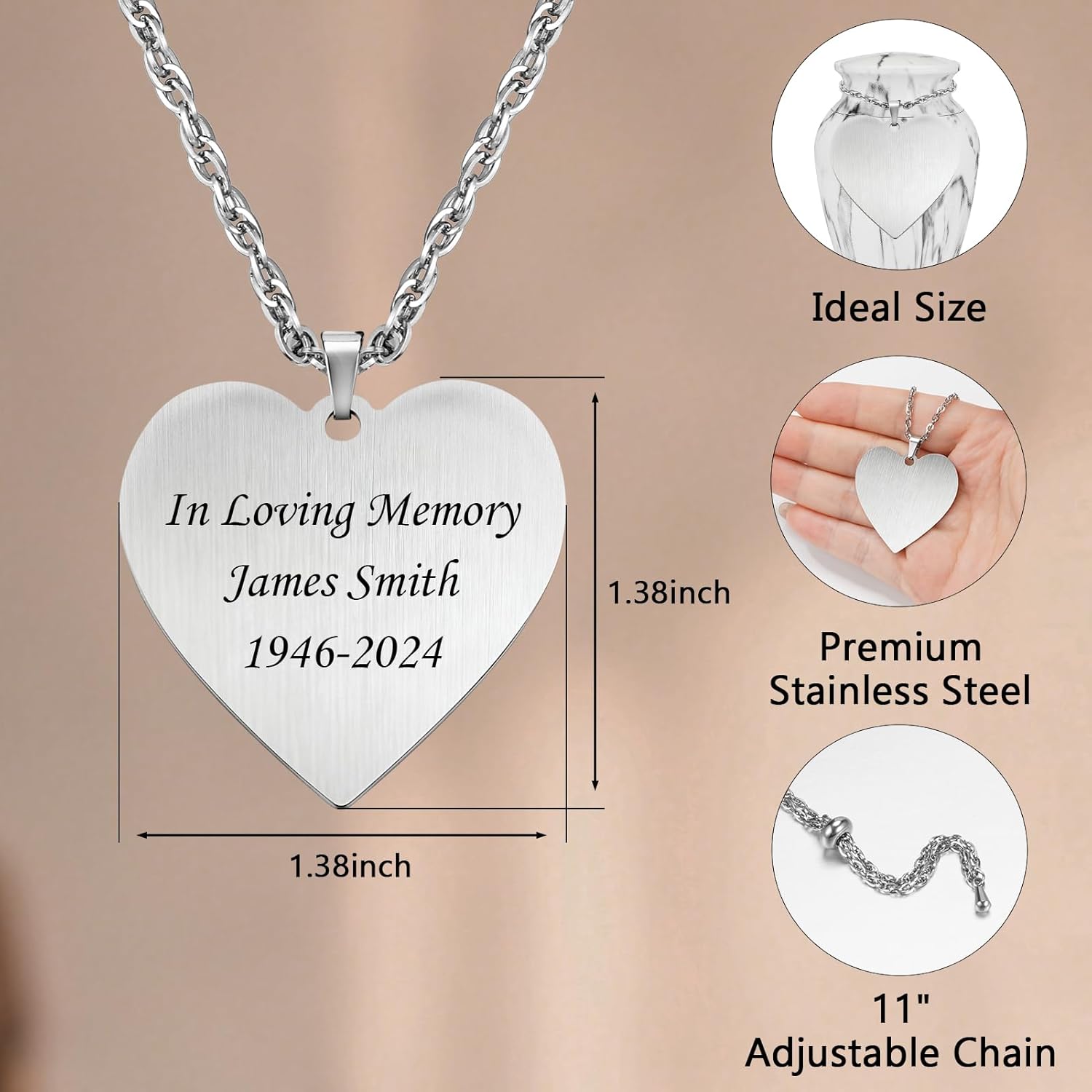 Abooxiu Engraved Custom Name Plate for Cremation Urns for Human Ashes Heart Urn Plaques Personalized Engraved Urn Pendant for Keepsake Urns,Stainless Steels Retractable Hanging Name Tag, Small