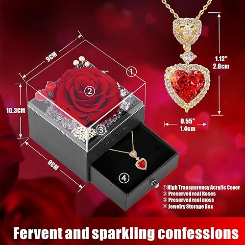 Miniatura 3 de Yugefom Rosa roja preservada real con collar de corazón rojo, caja de regalo, rosas eternas, flores eternas, regalo ideal para mujeres, mamá,