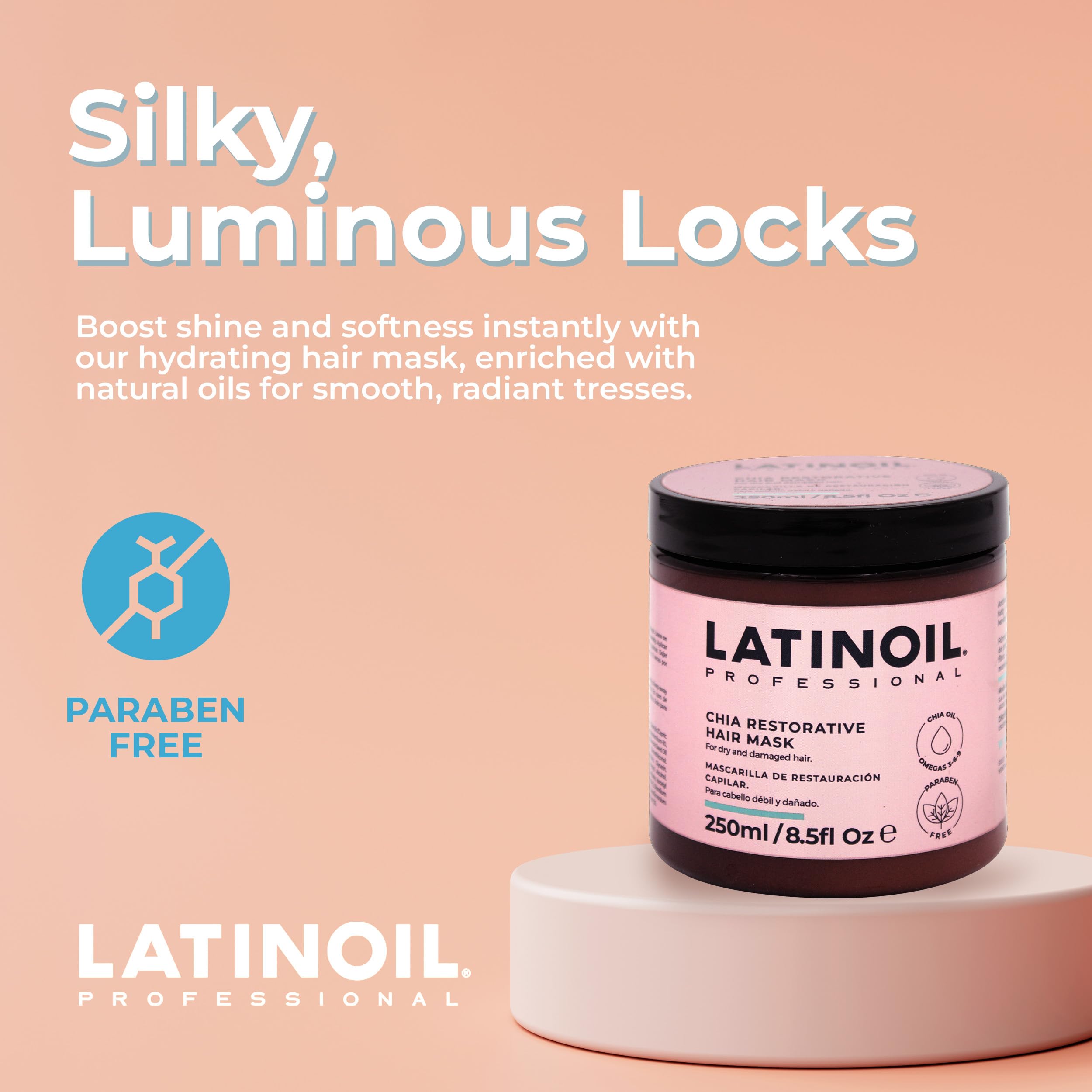 LATINOIL - Chia Oil Hydration Hair Mask, Hair Mask for Damaged Hair, Deep Conditioning Hair Mask with Chia Oil, Antioxidants and Omega 3-6-9, Hair Treatment for Dry Damaged Hair, 250 mL