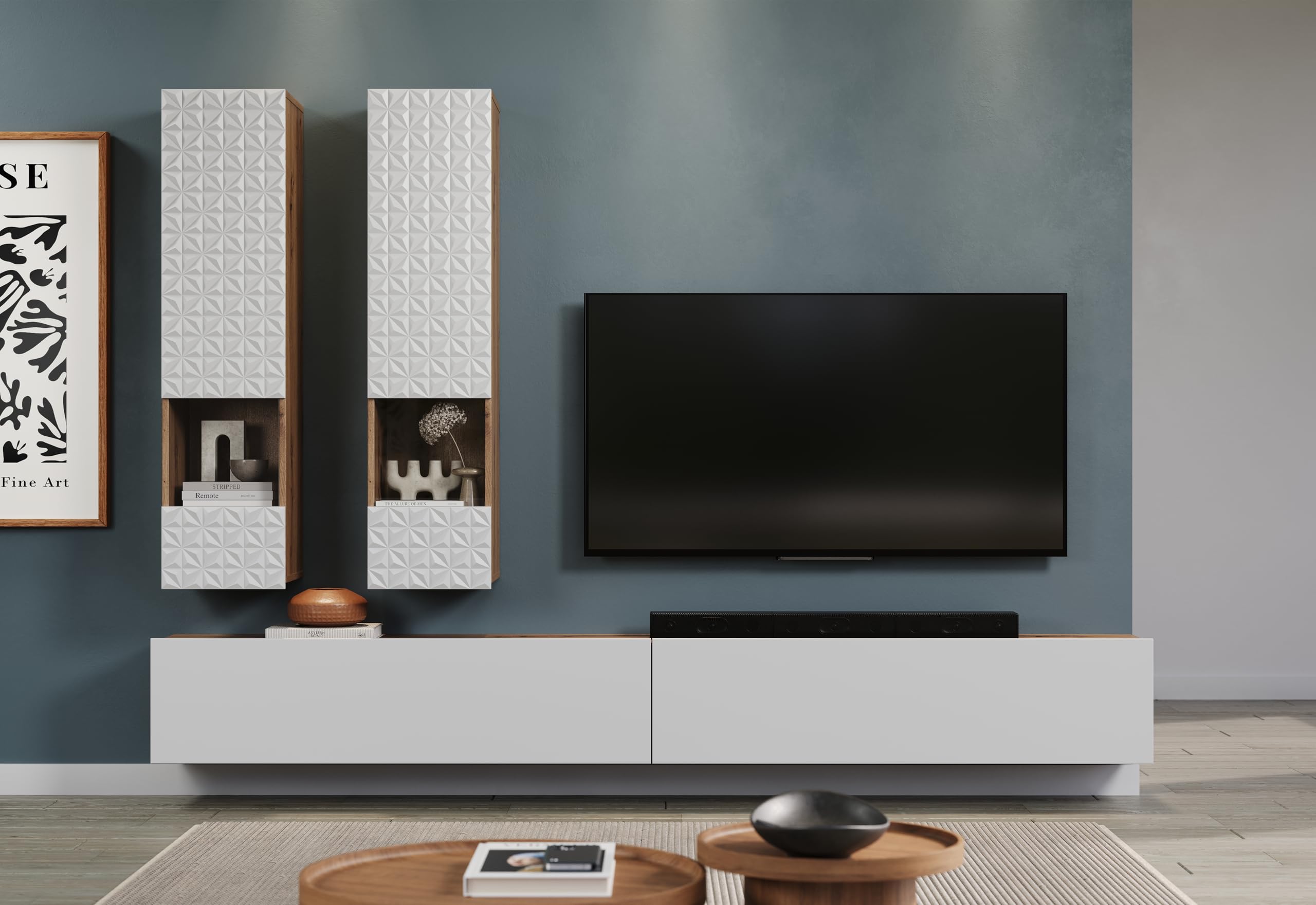 trendteam smart living - Rezzo - Wohwand - Eiche/Weiß matt - Wohnzimmermöbel mit Soft-Close Funktion - (BxHxT) 241 x 200 x 30 cm - TV-Unterteil stehend oder hängend montierbar