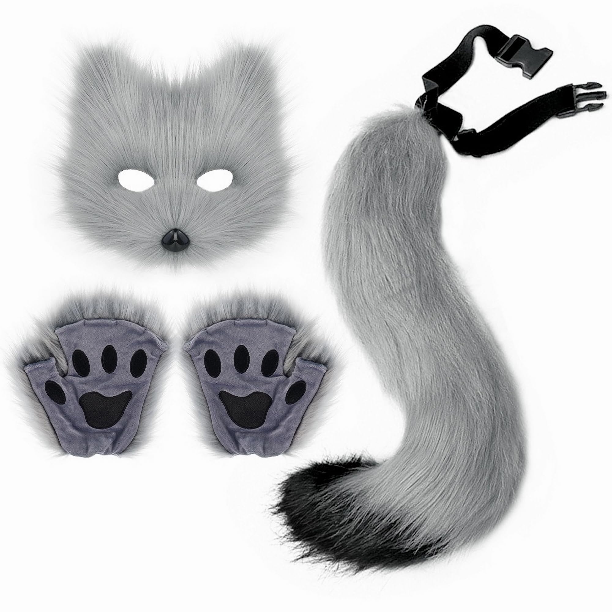 Therian Mask Tail Gloves Paw Set Animal Gear Cat Fox Wolf Masks Dress Up Cosplay Party Women Furry Faux Fur Fingerless (Grey)