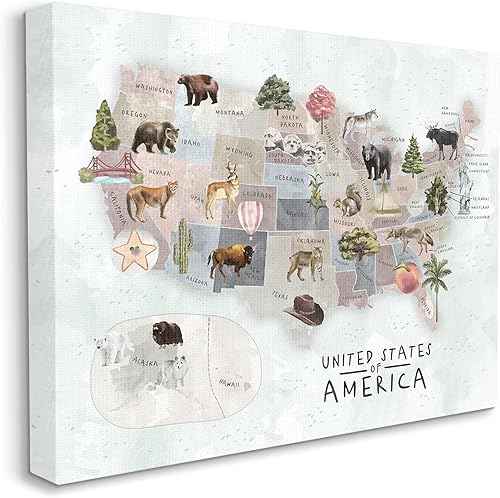 Stupell Industries Ilustraciones de animales silvestres con mapa de Estados Unidos, diseño de Ziwei Li, lienzo para pared, 36 x 48 pulgadas, blanco