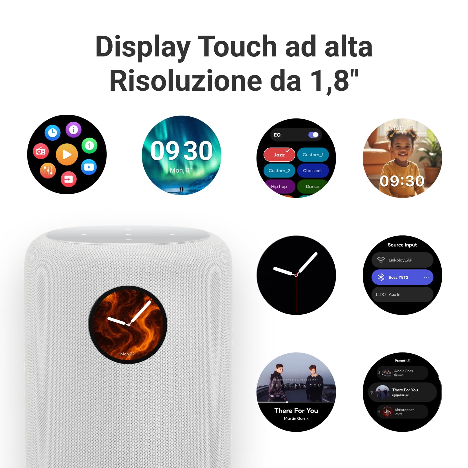 WiiM Sound altoparlante intelligente con display touch 1,8″, audio Hi-Res 24-bit/192 kHz, AI RoomFit™, 100 W, Wi-Fi 6E/Bluetooth 5.3, multi-room/stereo, telecomando incluso, Bianco