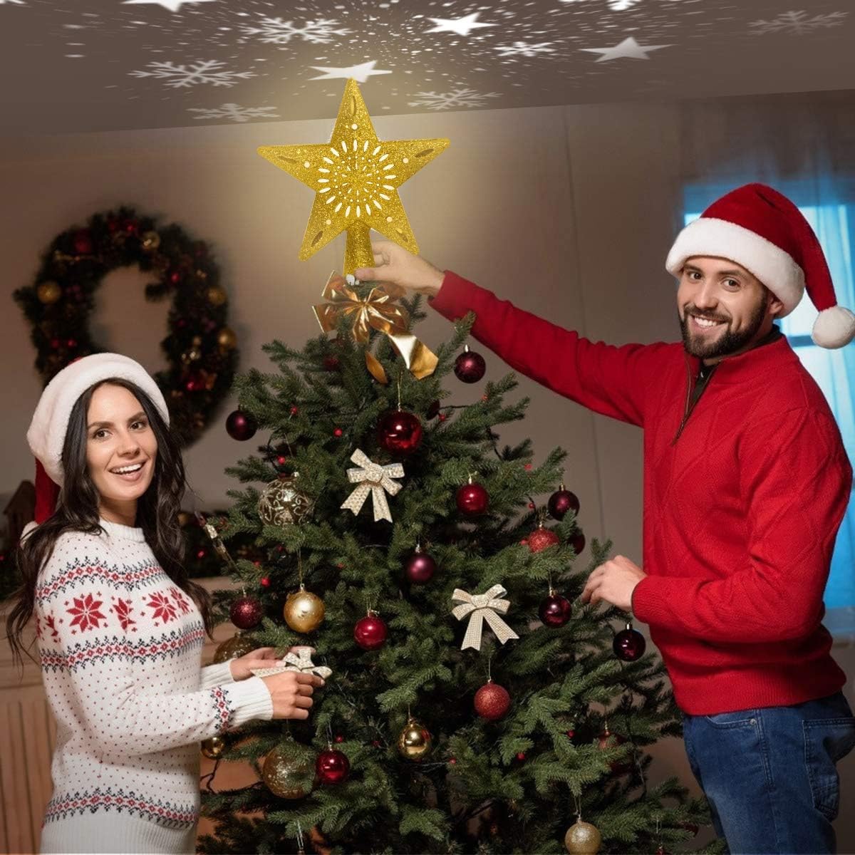 Christmas Tree Topper Lighted LED Rotating White Snowflake Projector 3D Glitter Gold Star Tree Topper for Christmas Tree Decorations Holiday Party
