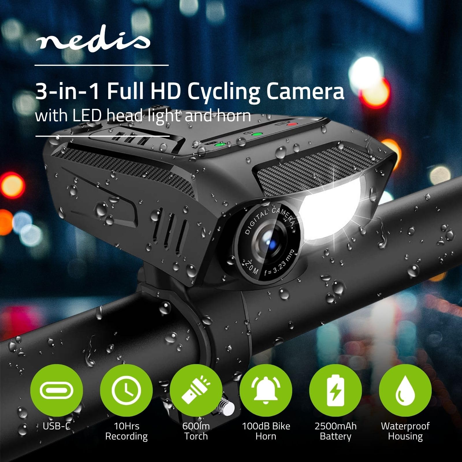 Nedis Caméra de vélo - 1080p@30fps - 2MPixel - 600min - 70°- 600min - Support Inclus - Noir