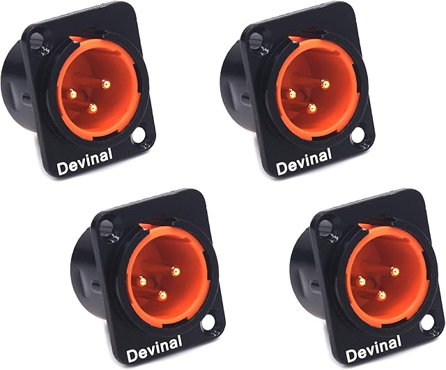 XLR Male Jack 3 Pin - Chassis Panel Mount Jacks D Series Size, Black Metal Housing - Fits Series D Pattern Holes Audio Studio Connector - 4 Pack