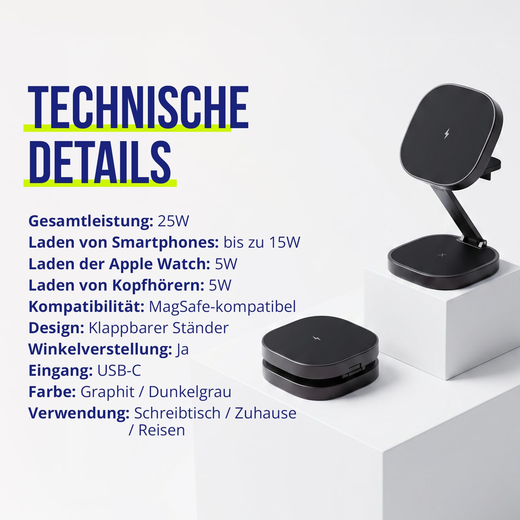 3-in-1 Ladegerät 25W – Faltbare Kabellose Ladestation für iPhone, Apple Watch & AirPods – Mini Wireless Charging Stand mit LED & USB-C – Kompatibel mit Qi & MagSafe – Graphit | iPhone Watch AirPods Ladestation, faltbar, 100 g, 10 x 70 x 100 mm, USB-C-Kabe