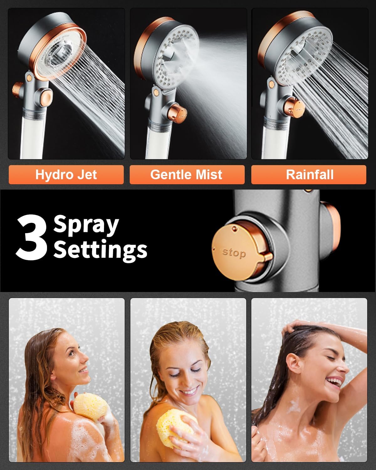 Three distinct spray settings: Hydro Jet, Gentle Mist, and Rainfall.