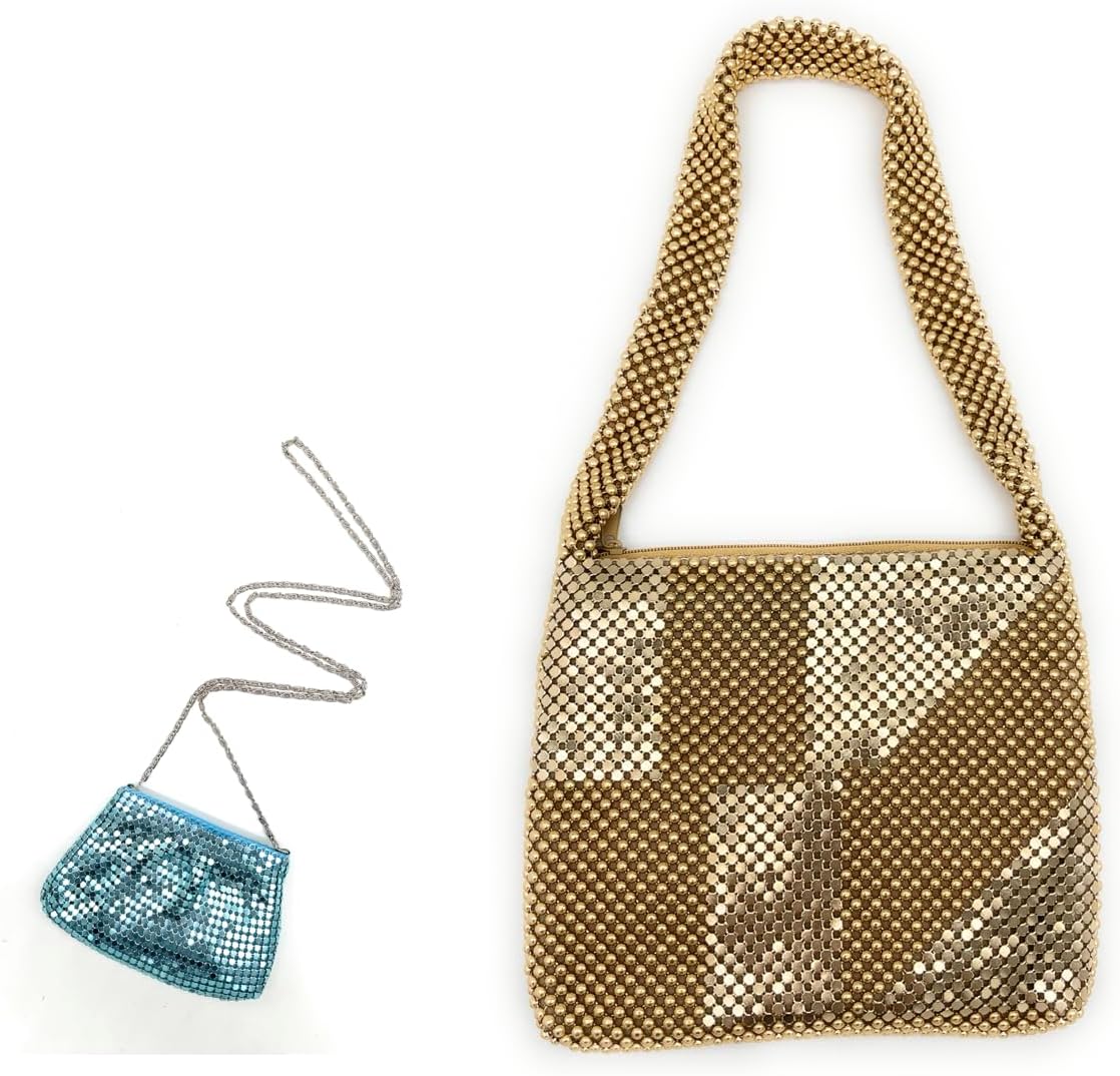 Metal Mesh Purse Set for Women, Vintage Evening Shoulder Bag + Mini Crossbody Coin Purse, 2PCS Shiny Formal Handbag Bundle for Party, Wedding, Cocktail
