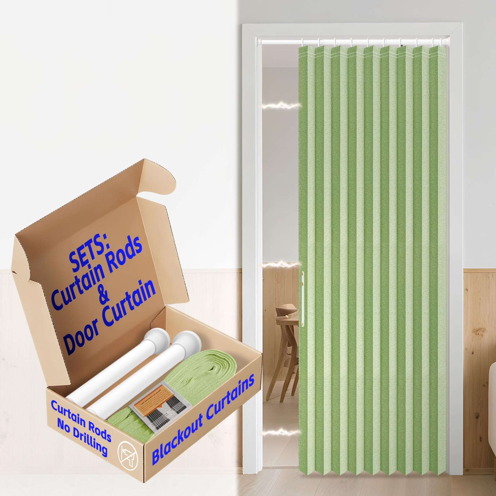 AJAZZ Blackout Accordion Doors with Curtain Rods Adjustable 28-39" Long Magnetic Door Curtain Invisible Folding Door for Bedroom Living Room Doorway Curtain Sets (1 Pack, 42 W x 78 L, Green)