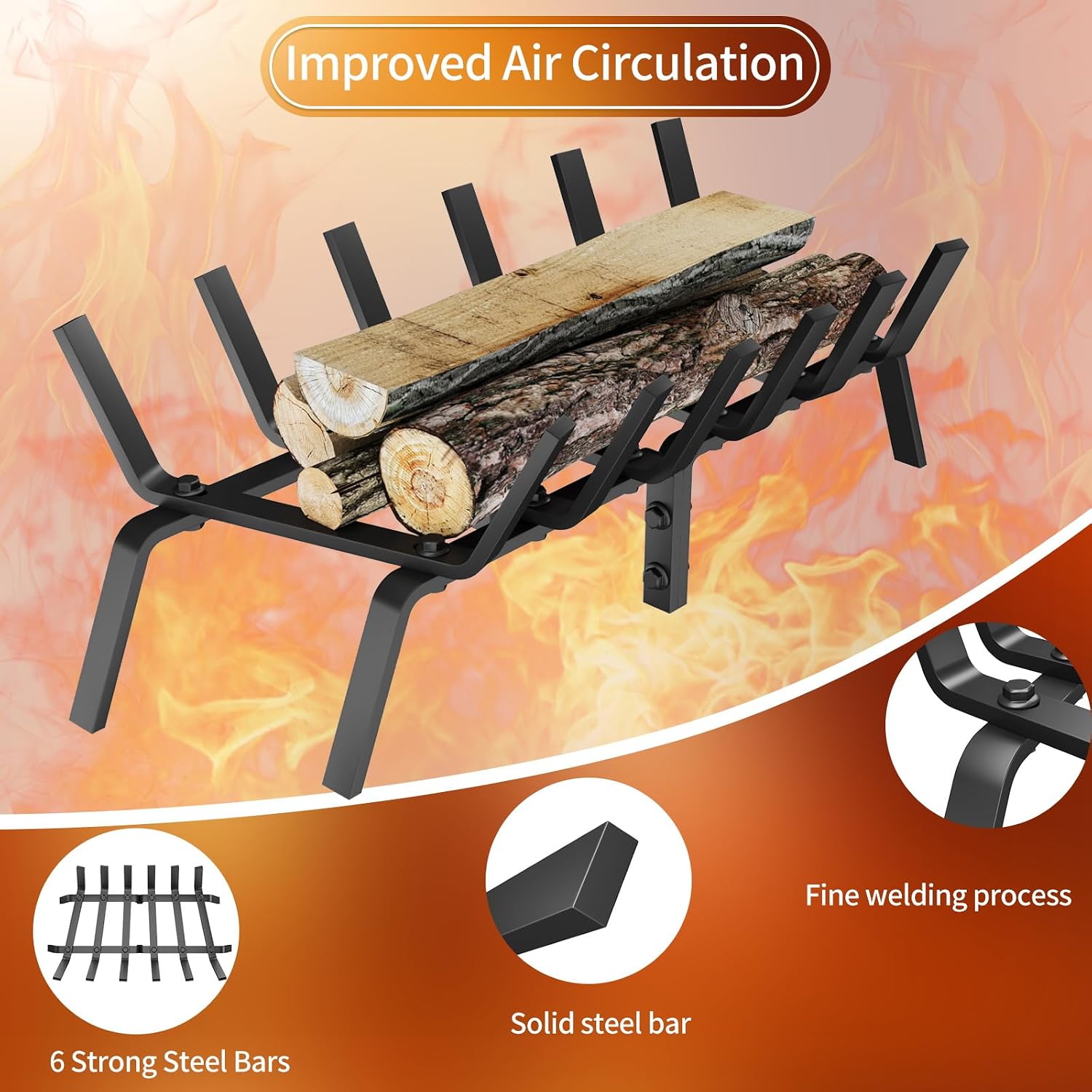 Fireplace Grate, Durable Steel Firewood Holder for Efficient Burning, 21 Inch