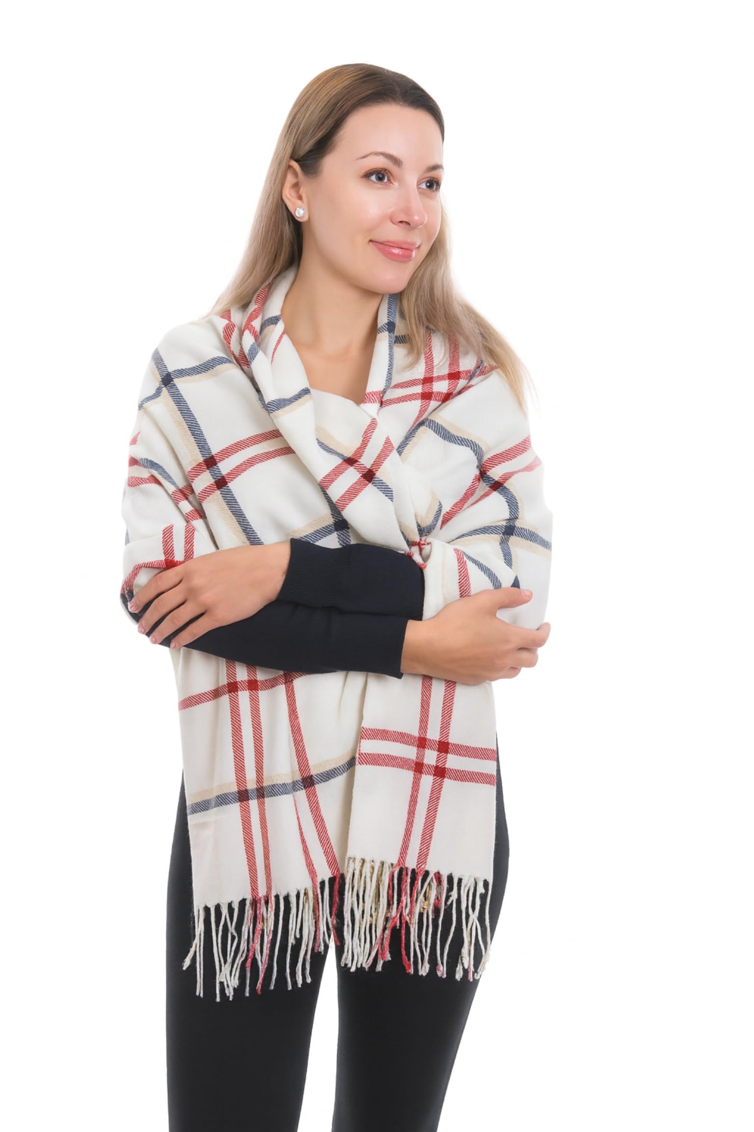 Craggi Soft Shawl Poncho Cosy Pashmina Cream Red Blue Check - Red Blue Check