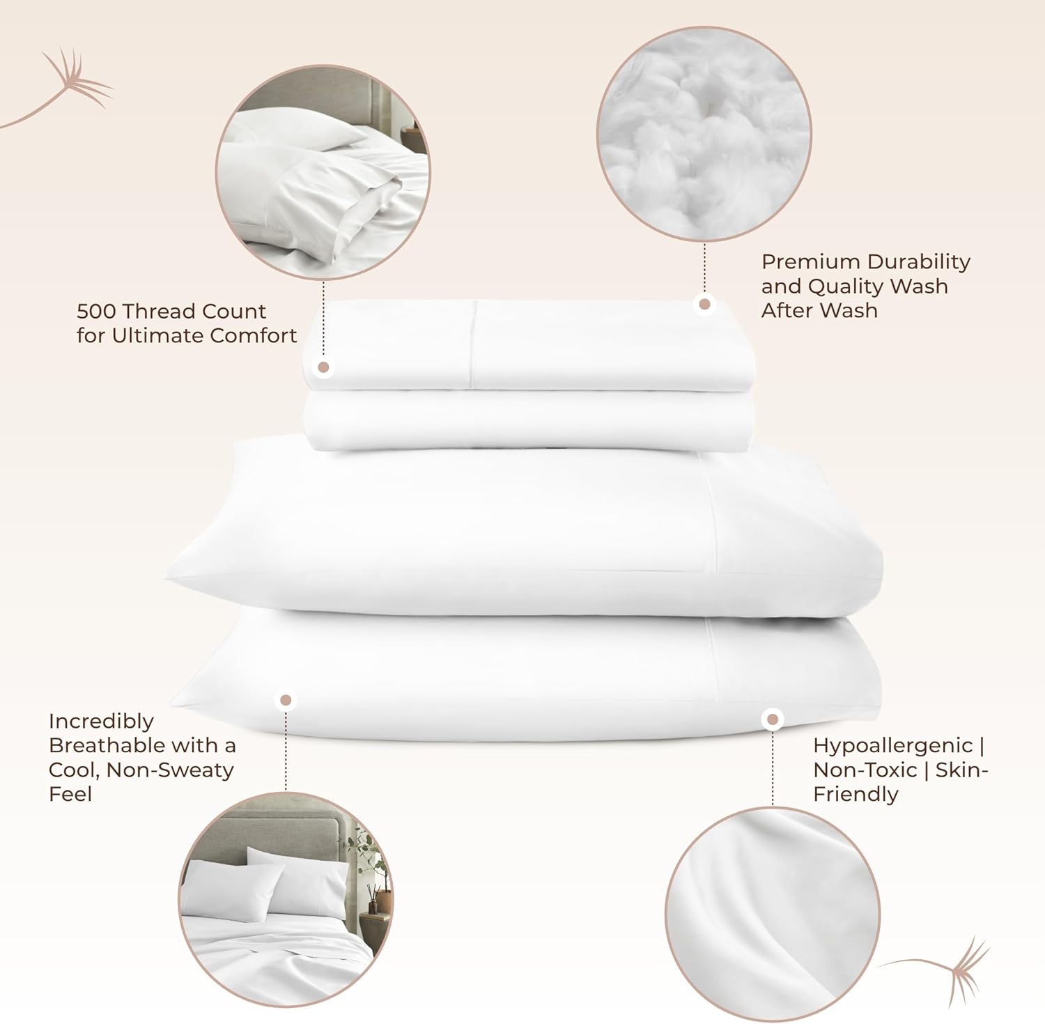 100% Organic Cotton Sheets Queen Size - GOTS Certified Organic Bed Sheets with Deep Pocket 500 Thread Count and Cozy Sateen Weave Gets Softer with Each Wash - Luxury 4 Piece Set (White, Queen)