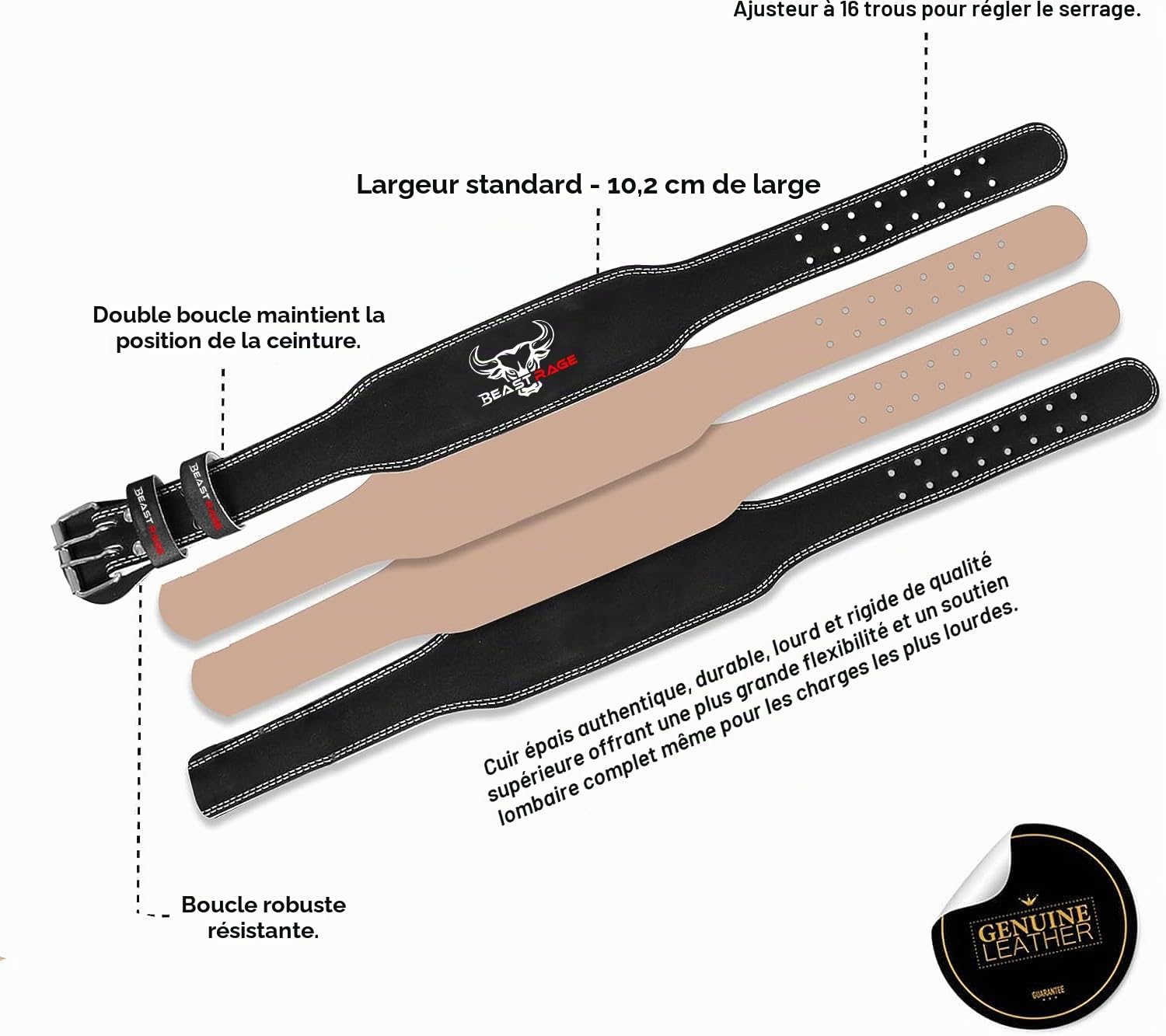 BEAST RAGE Ceinture D'haltérophilie Cuir De Vachette Trous Réglables Support Dorsal pour Powerlifting Crossfit Fitness Boucle À Rouleau en Acier Bodybuilding Gym Weightlifting