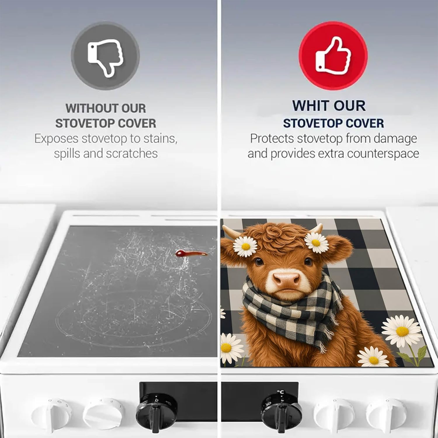 HOMETITUTE Highland Cow Stove Top Covers for Electric Stove 28x20 Inches Heat Resistant Spring Glass Cooktop Protector Pad Decorative Stovetop Cover Dish Drying Mats for Kitchen Coffee Bar Decor