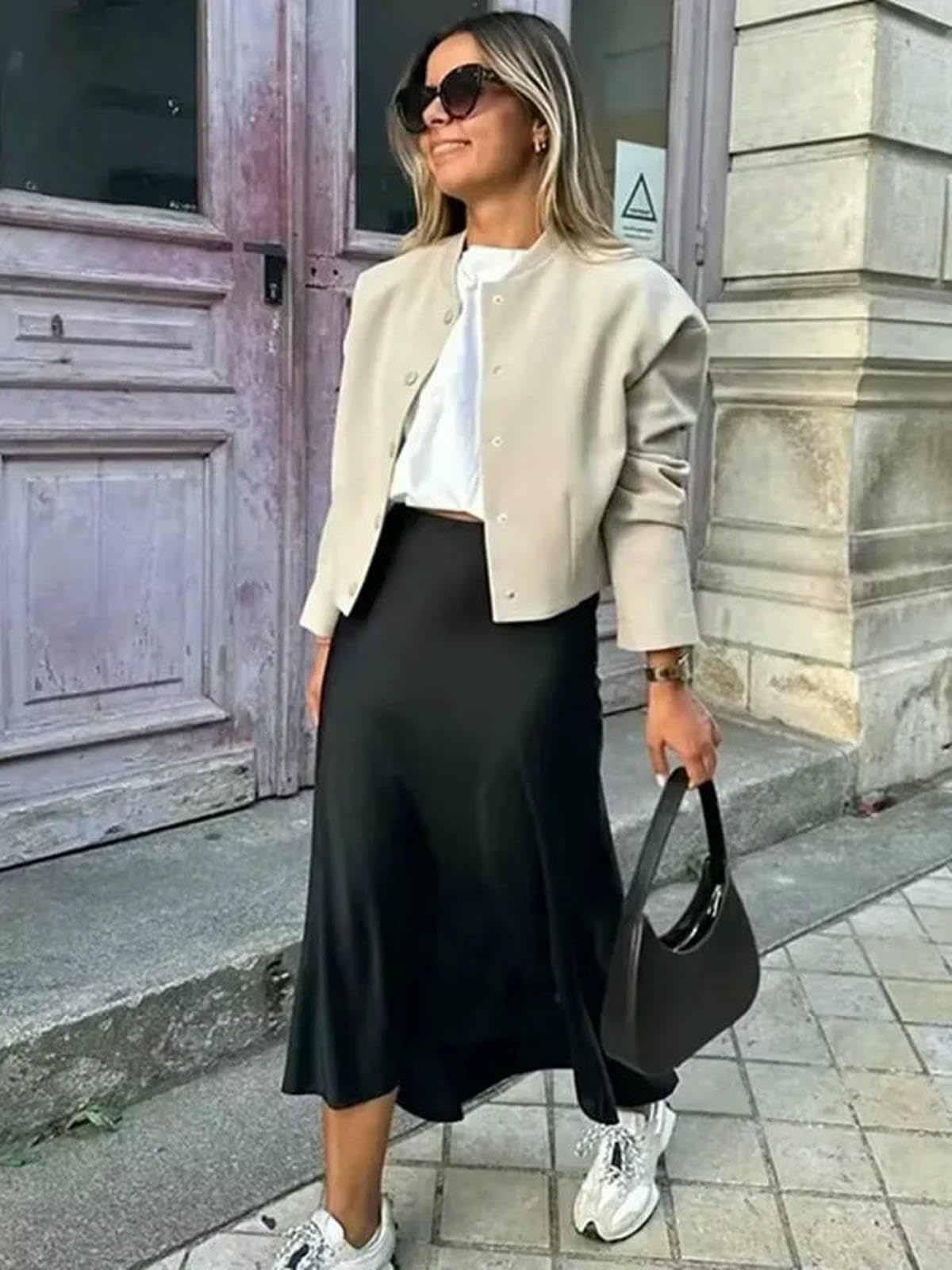Gonna Lunga Nero Raso Donna Alta Vita Gonne Lunghe Elegante per Le Donne Moda Estate Midi Ufficio Donne-Pink-m