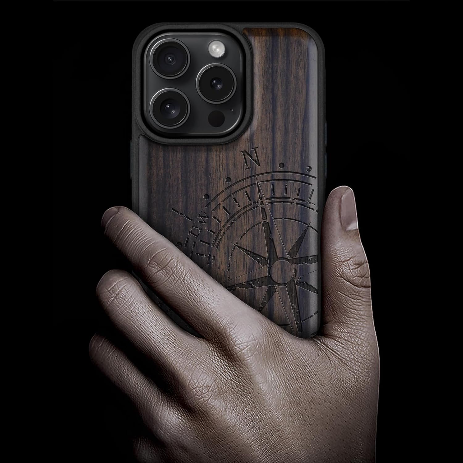 Carveit Magnetic Wooden Case for iPhone 16 Pro Case, Wood Artisan Engraved & Black Soft TPU Shockproof Cover, Compatible with MagSafe Wireless Chargers (The Incomplete Compass) Blackwood