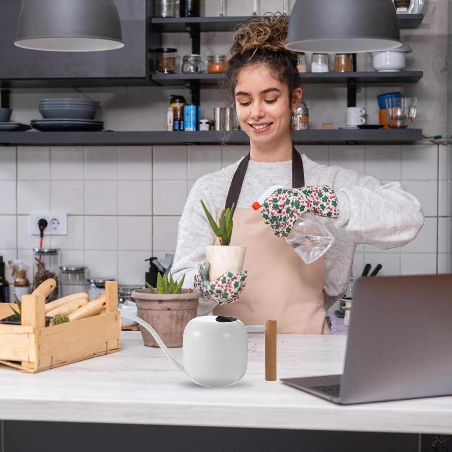 Metal Long Spout Watering Can with Wooden Handle 1200ml Indoor Garden Watering Pot for Plants and Flowers