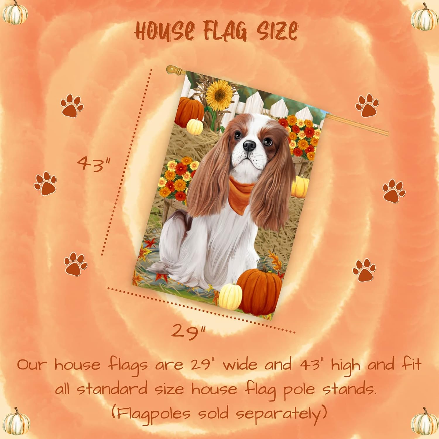 Cavalier King Charles Spaniel Dog Flag 28x40 – Sitting in Fall Setting with Pumpkins, Maple Leaves & Flowers – Autumn Outdoor Garden Flag – Dog Lover Gift, Fall Autumn Decor