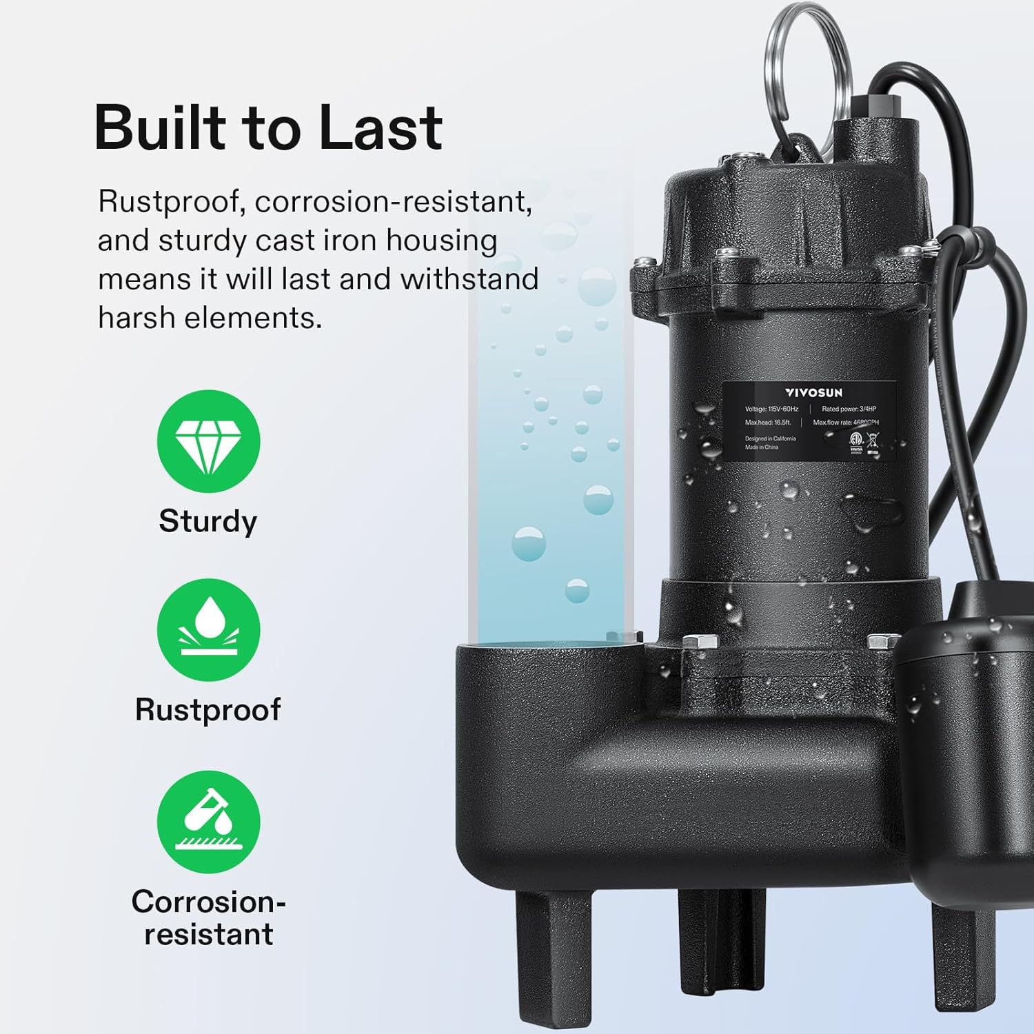 VIVOSUN 3/4HP Submersible Sewage/Effluent Pump, 4680 GPH, Cast Iron Sump Pump with Automatic Adjustable Float Switch & 2'' NPT discharge, Perfect for Sewage System, Septic Tank, Basement