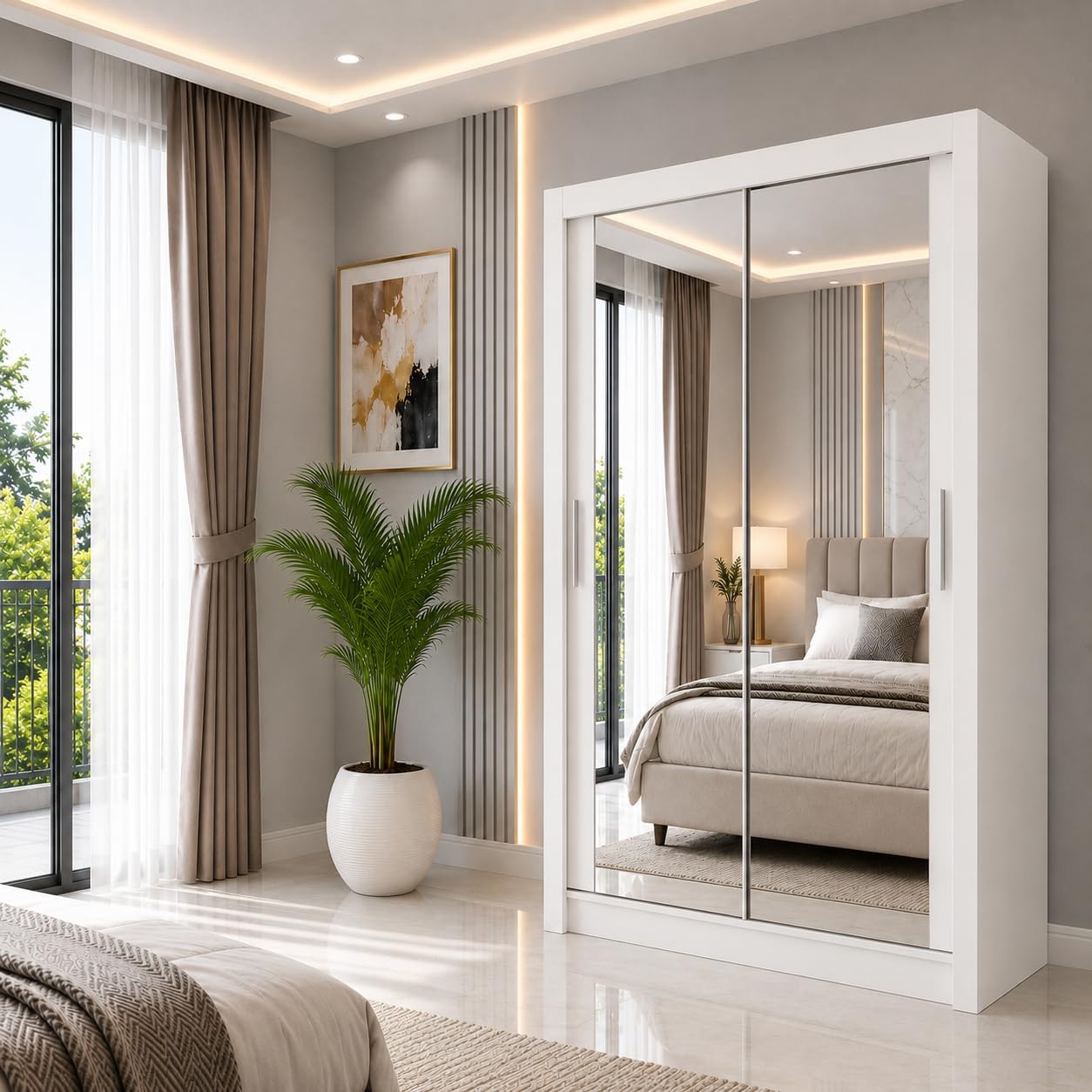 White Milan mirrored sliding door wardrobe with shelves, 100cm wide