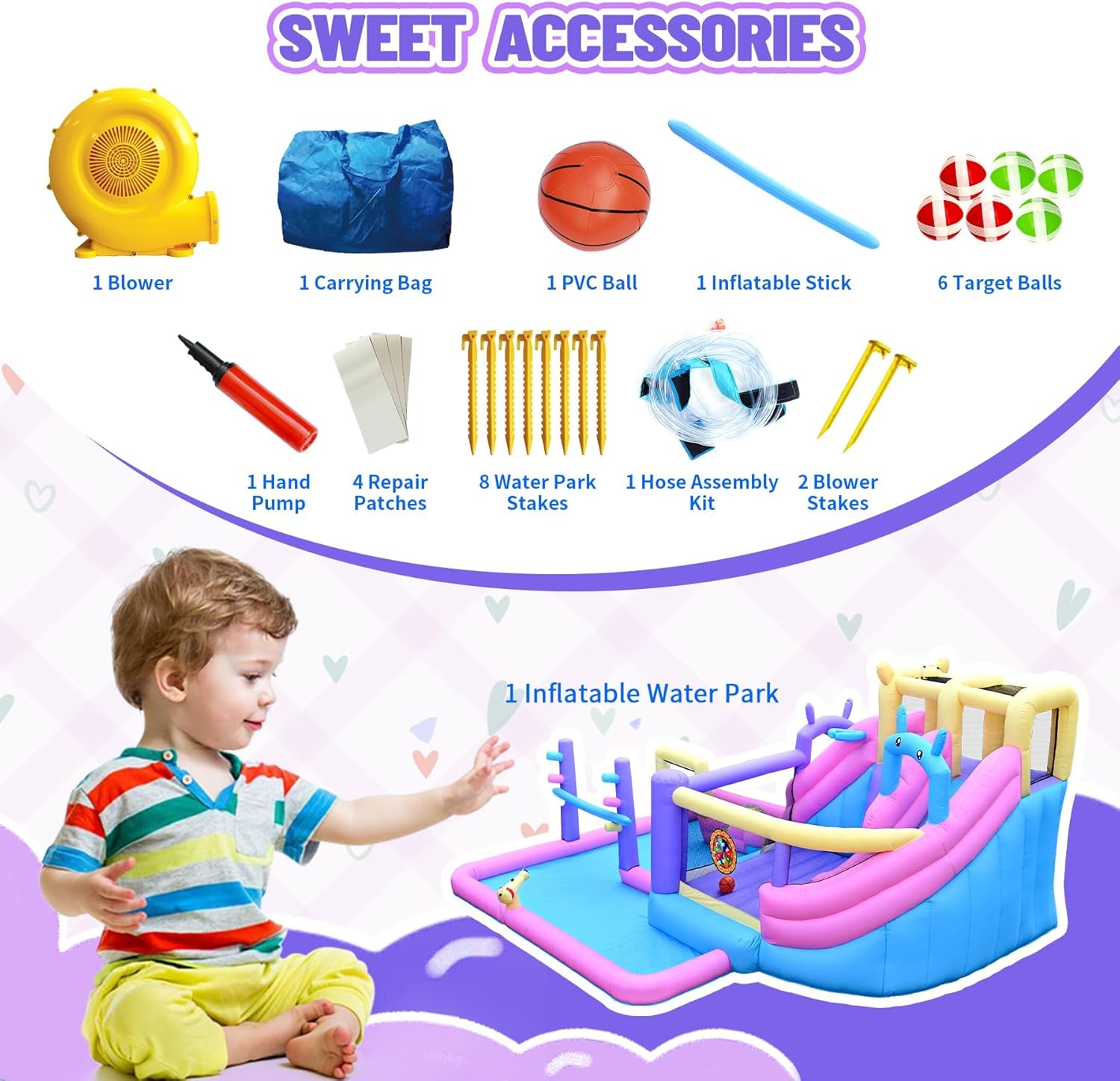 Inflatable Bounce House Water Slide Combo, Blow Up Water Slides for Backyard, Kids Jumper with Climbing Wall, Basketball Hoop, Splash Pool with Blower