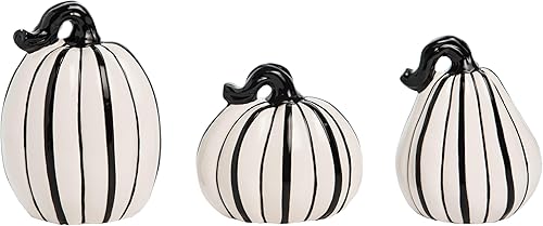 Transpac Dolomita de 3 piezas de 6.25 pulgadas, calabazas blancas y negras, decoración de Halloween, otoño, cosecha, mesa auxiliar de mesa, mesa de