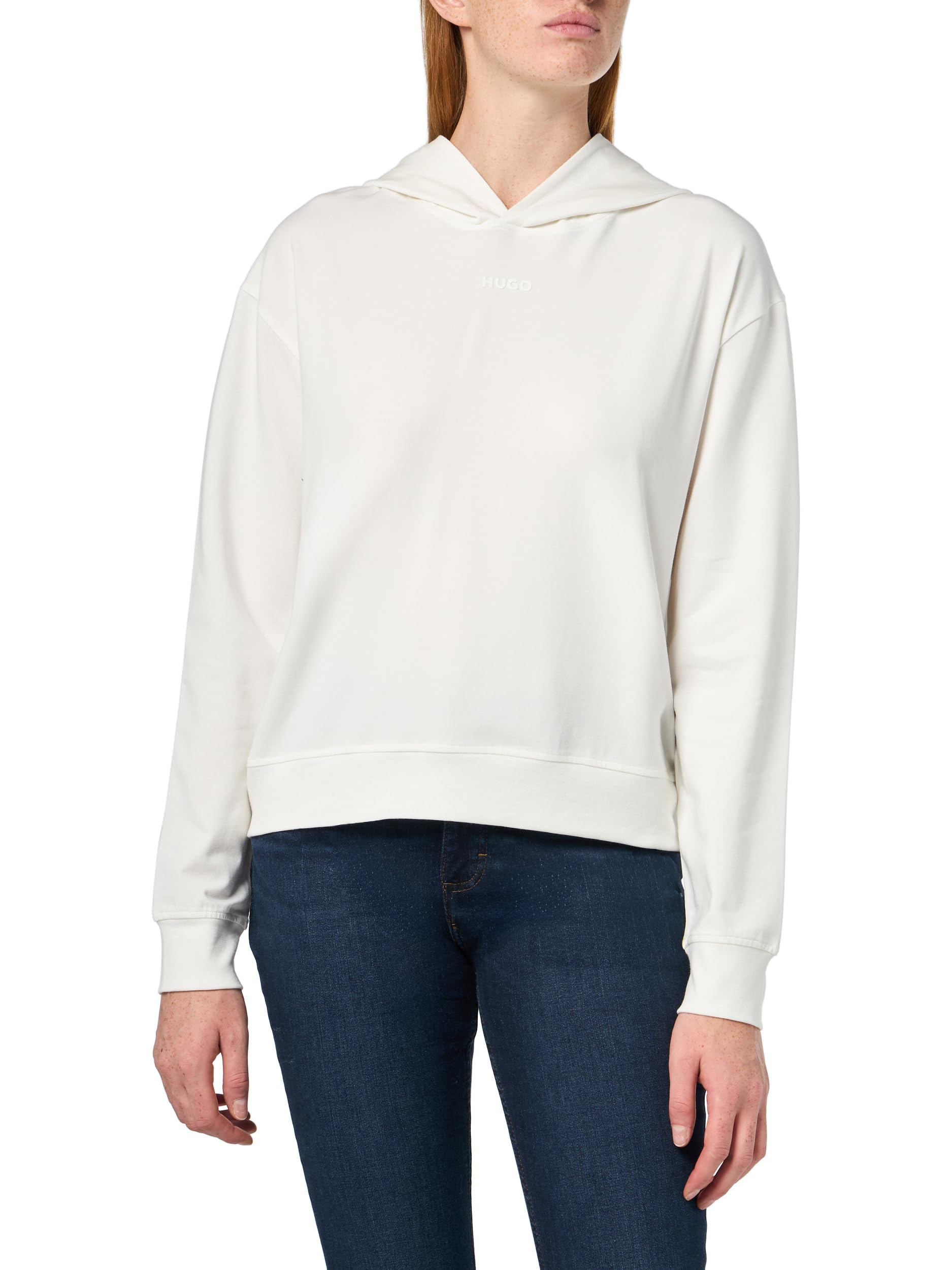 HUGO womens Center Logo Relaxed Fit Hooded Sweatshirt, Whisper White, XS
