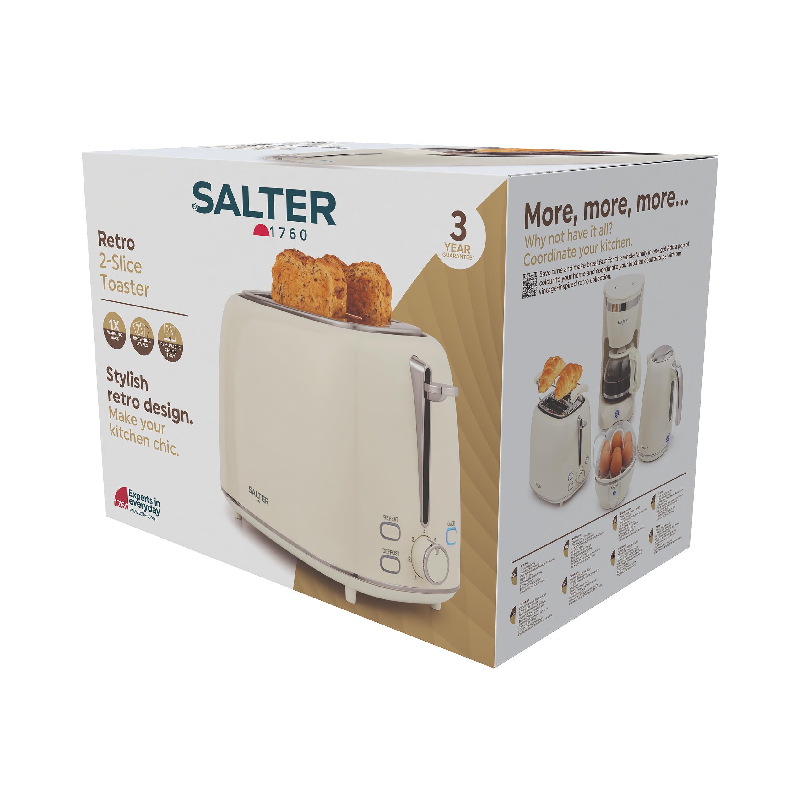 Tostadora Retro Crema de 2 Rebanadas Salter - 7 Niveles de Tostado, Descongelar, Recalentar y Cancelar, Bandeja Recogemigas Extraíble, Autocentrante, Parrilla para Calentar Panecillos