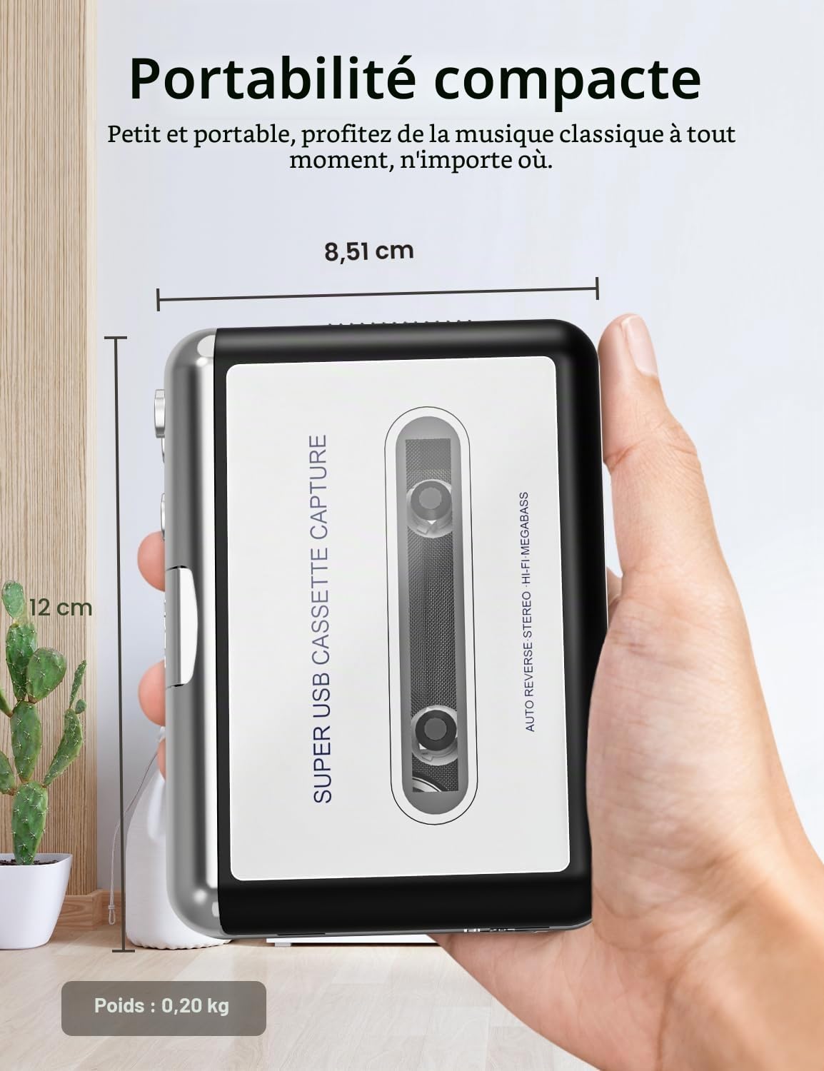 Lecteur de cassettes - Enregistreur portable avec écouteurs - Convertit les cassettes audio en MP3 numérique, compatible avec ordinateur portable/PC/MAC - Pour divertissement, voyage, sports légers