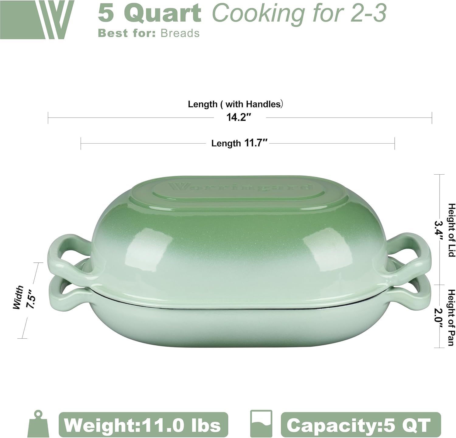Enameled Cast Iron Sourdough Bread Oven, Dutch Oven, Loaf Cast Iron Bread Pan for Homemade Bread Baking, Meatloaf Pan with Lid, 5QT, Green - Image 2