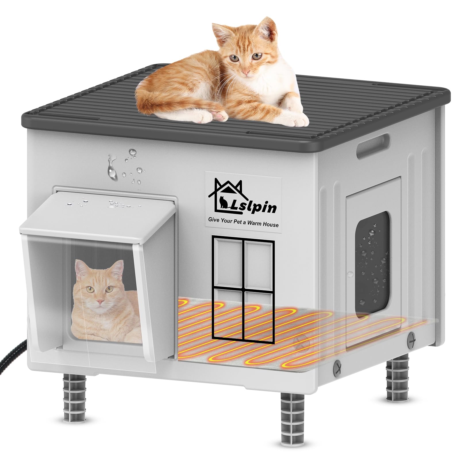 Indestructible Heated Cat House for Outside Cats Winter,Weatherproof & Insulated & Elevated Feral Cat House with Escape Door, Outdoor Indoor Cat Shelter for Stray Barn Cat 17.7×14.9×17.5