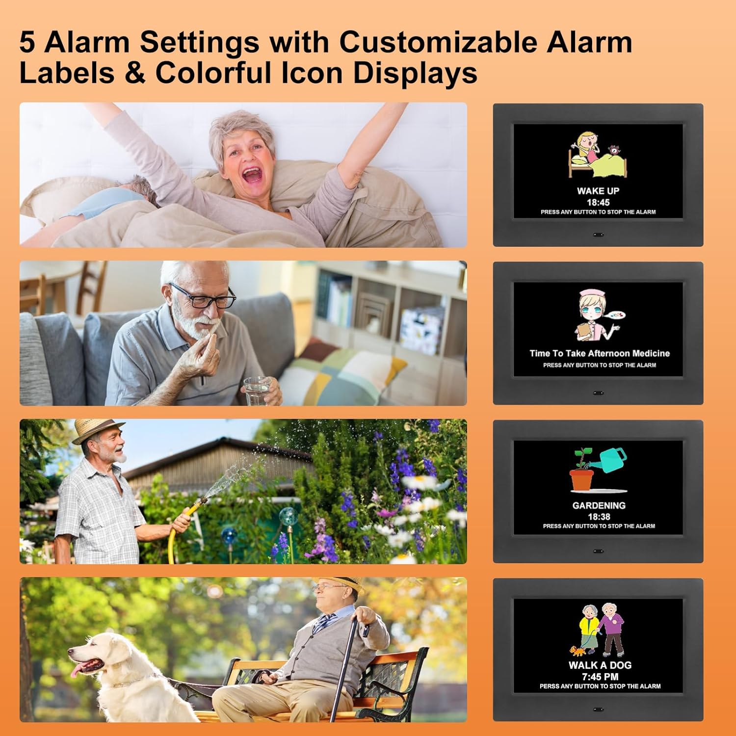 KASTISS Digital Alarm Clock with Date and Day of Week for Dementia Seniors, 15 Alarm, Auto DST, Battery Backup, Easy Setup, Black and White (Black)