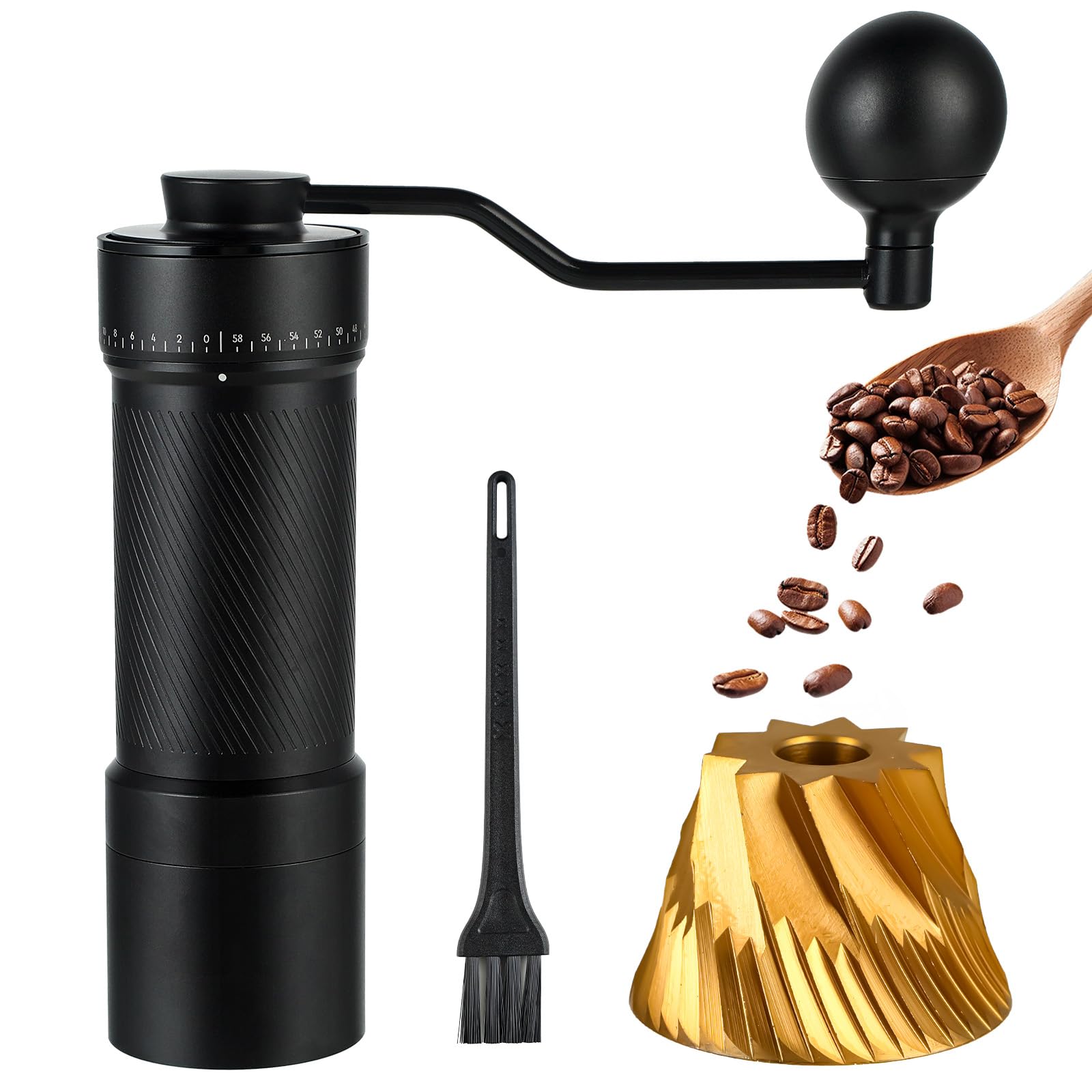 macina caffè manuale ISHEWUDU – macinacaffè manuale con mole coniche in acciaio inox CNC420 al titanio, regolazione fine a 60 scatti, contenitore magnetico, corpo interamente metallico, macinino caffè