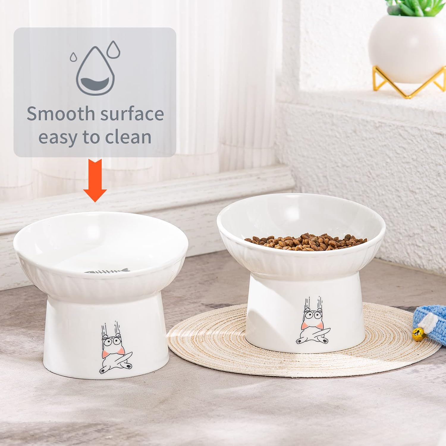 6.5 Inch Extra Wide Ceramic Raised Cat Bowls, Tilted Elevated Cat Bowl | Prevent Neck, Whisker Fatigue, Anti Vomit, for Elder Big Cats & Small Dogs, Dishwasher Microwave Safe, 2 Pack, White